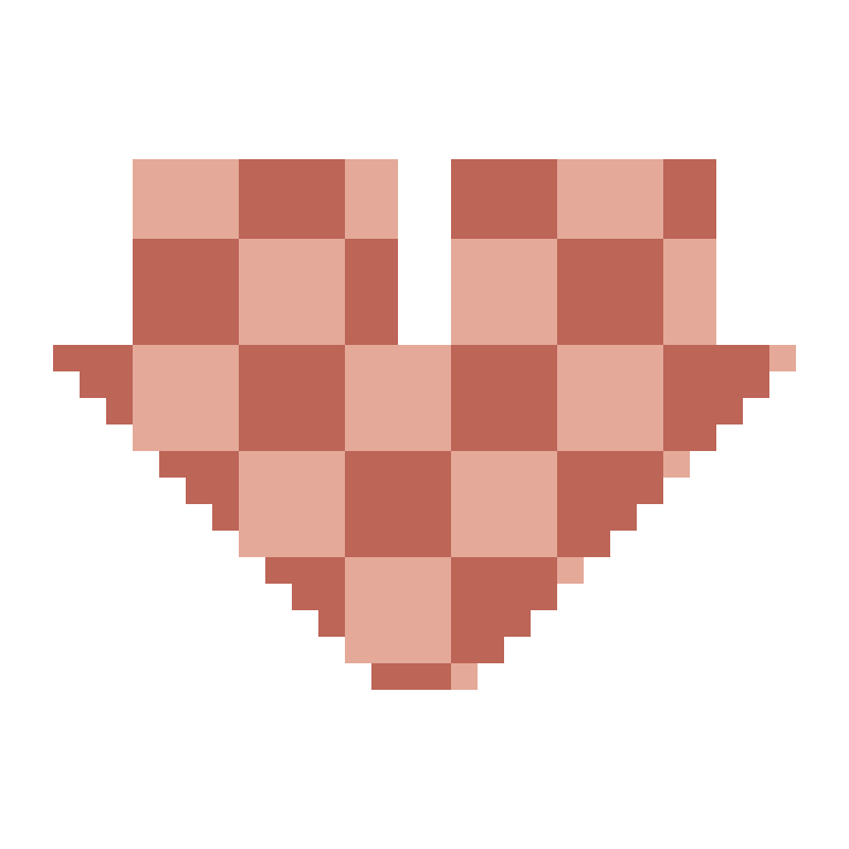 Checkered heart: 32 stitches across and 32 rows, using 3 colors
